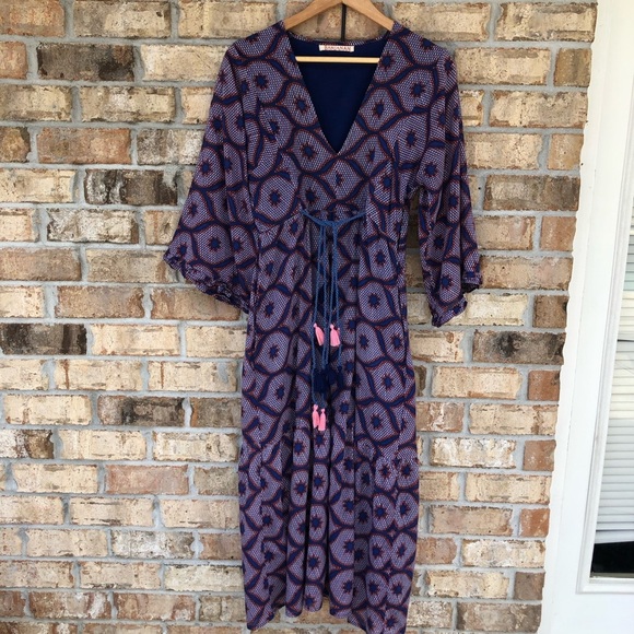 Banjanan Cotton Blue Red Pink V Neckl Pockets Lined Maxi Dress L More Like S/M - Picture 2 of 16